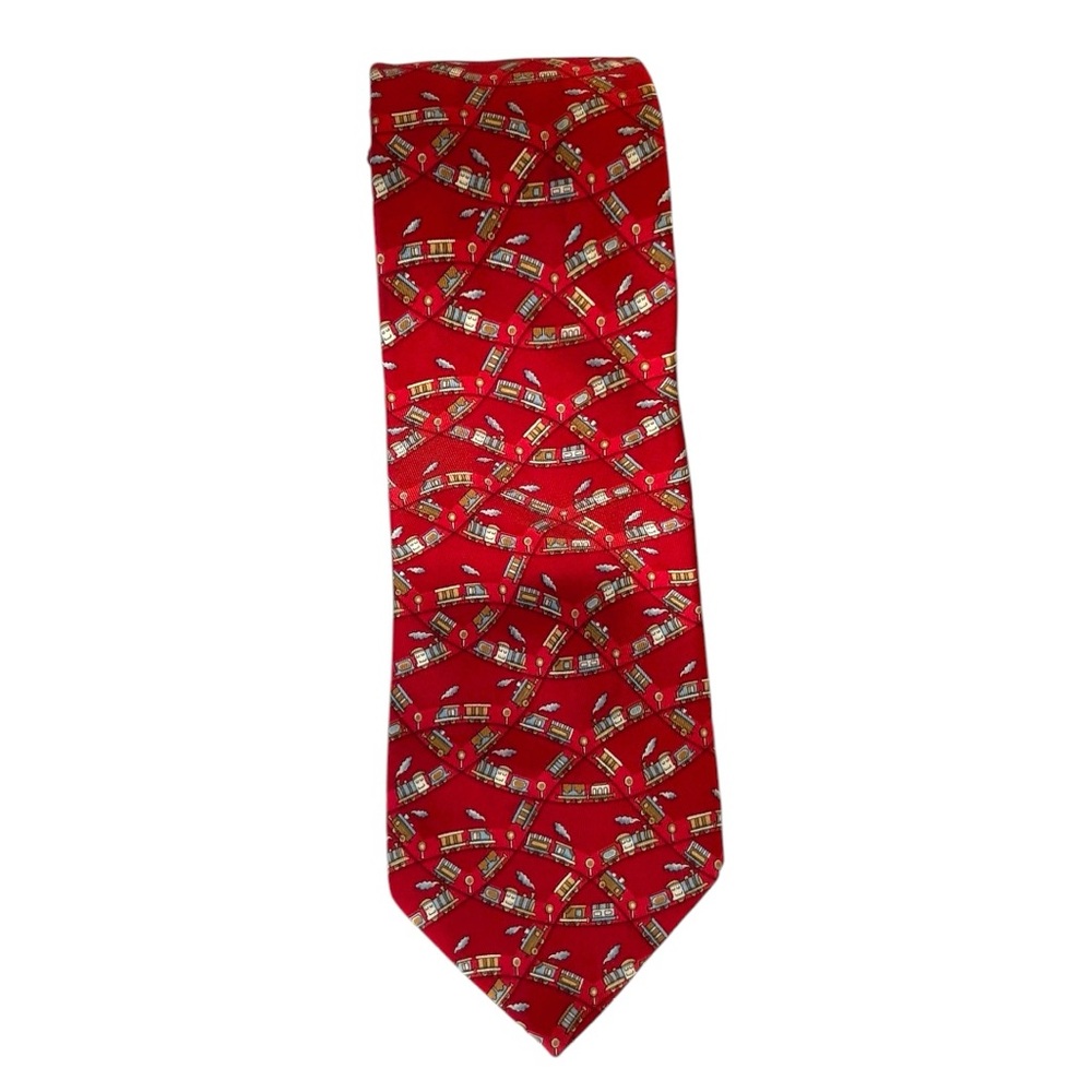 Salvatore Ferragamo vintage silk printed trains pattern made in Italy red tie